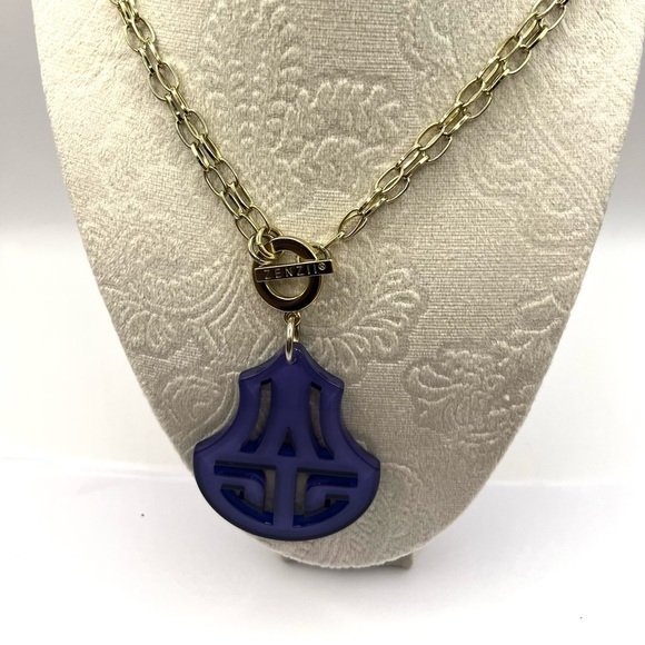 Zenzii Blue Scroll Double Strand Toggle Gold Tone Necklace Statement Big Bold - Picture 2 of 10